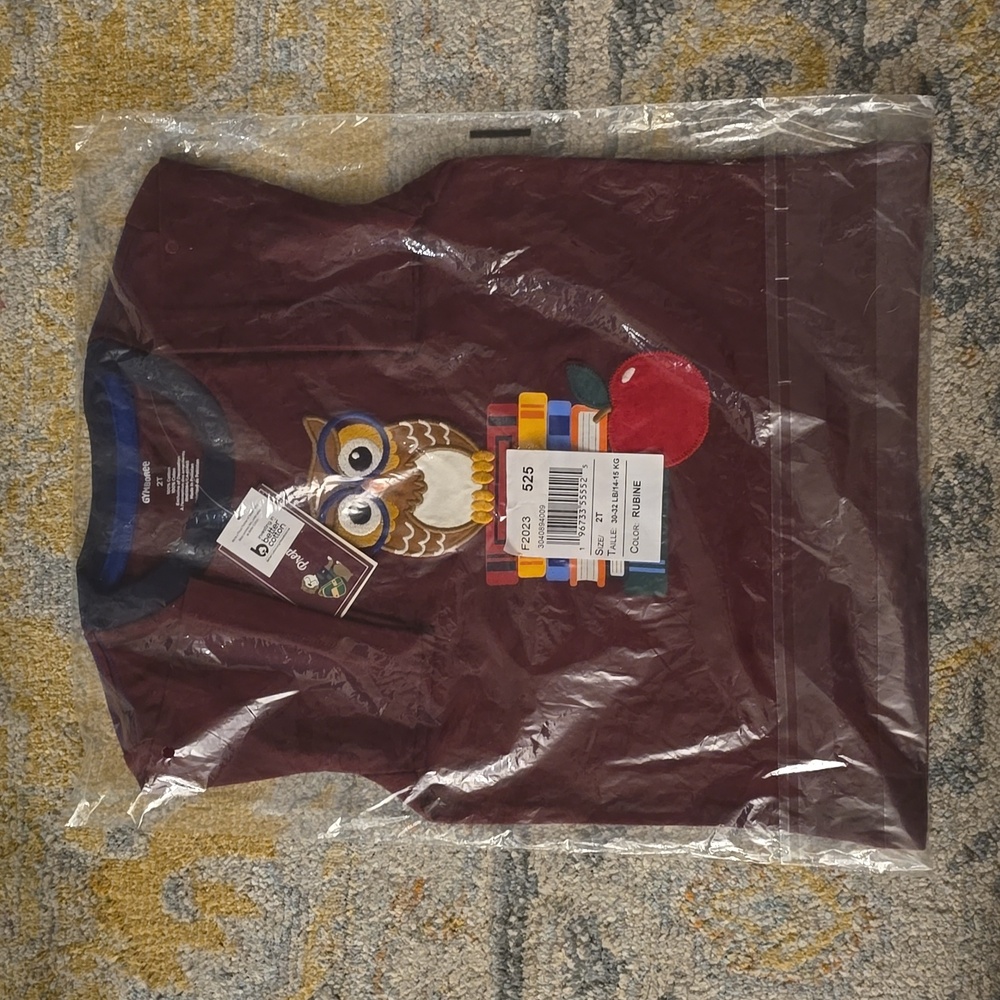 Gymboree 2T maroon with navy collar owl school shirt color is called rubine